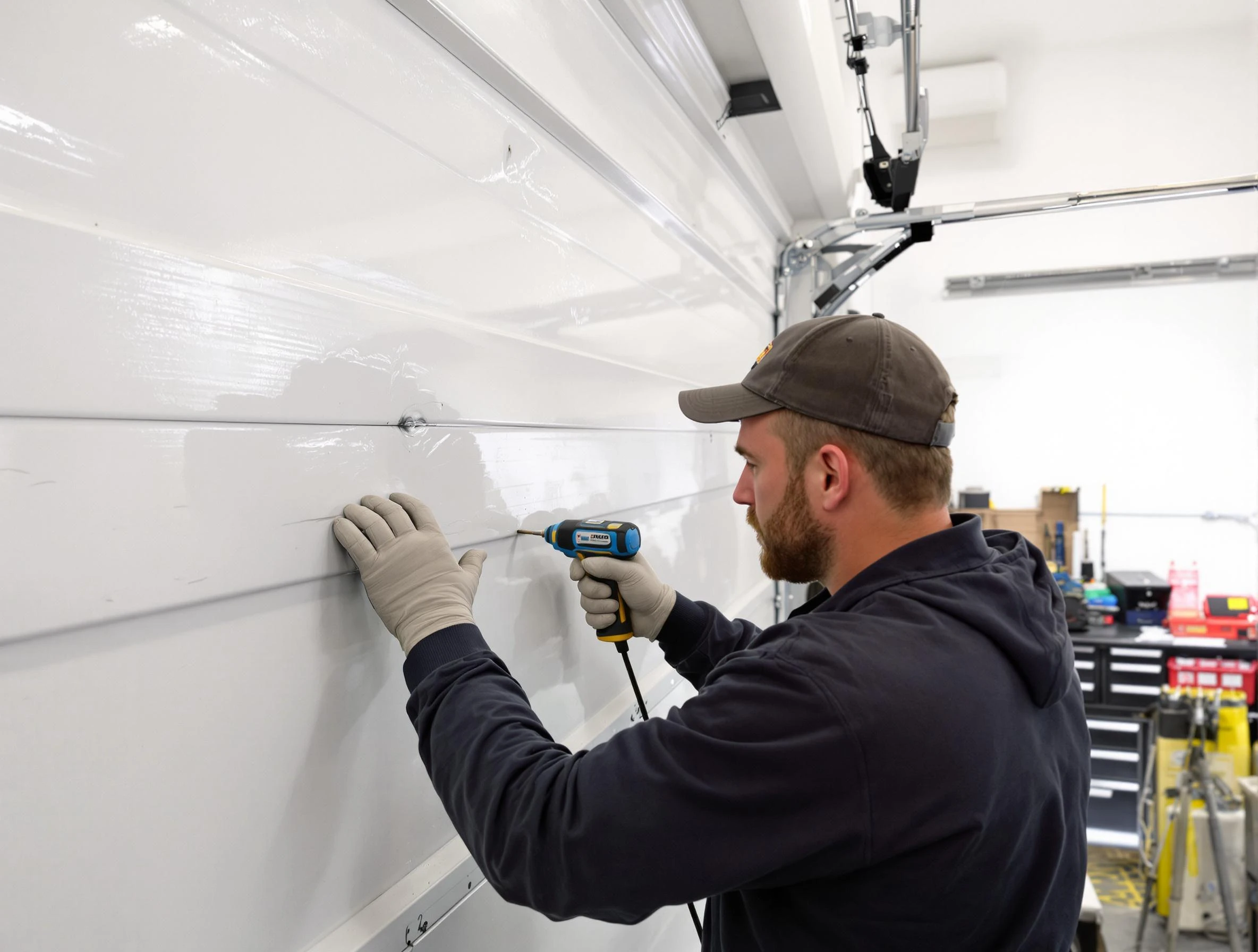 Robinson Garage Door Repair technician demonstrating precision dent removal techniques on a Robinson garage door